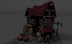 动漫建筑模型：二层木屋C4D模型 Medieval Corner House 3d model