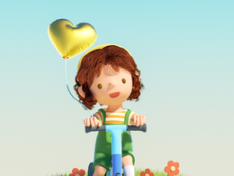 牵着气球骑车的小姑娘