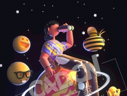 坐在星球上眺望太空畅想卡通IP人物角色三维立体表情Octane源文件