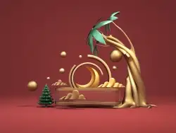 金色月亮浪花椰子树卡通场景模型