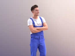 三维扫描写实人物穿背袋裤双手抱胸的国外年轻男性工人