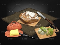 绿葡萄黄油面包食品模型 food 3d model 面包黄油盘子黄油罗勒葡萄奶酪烤面包餐布餐巾