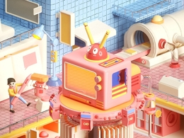 C4D OC学校教育流水线书本粉红色电商卡通场景模型
