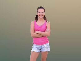 三维扫描写实人物穿短裤双手抱胸前站立的国外女孩