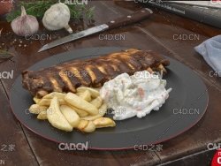 西餐：烤肋排C4D模型 Barbecued ribs