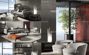C4D室内渲染模型：客厅模型 living room