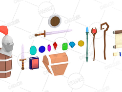 13个低面多边形游戏道具模型合集包RPG Asset Pack(宝箱动画木桶酒桶书籍匕首宝剑宝石钻石法仗骑士头盔地图圣纸卷纸卷轴盾魔仗宝剑拐杖)
