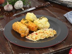 西餐：蔬菜肉卷奶油甜点C4D模型