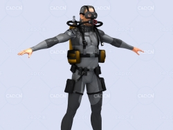 潜水员直立姿势深海潜水蛙人C4D模型DiverHunter