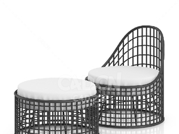 带脚凳的铁艺网状椅子C4D户外庭院家具模型下载