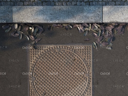 机动车道路沿石旁的方型生锈金属井盖C4D VRAY模型 manhole cover