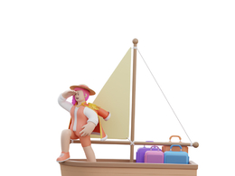 海上航行的船只卡通女孩站在船头眺望