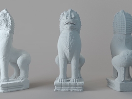 昂首挺立的石狮雕塑C4D模型 Stone lion sculpture