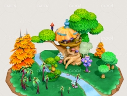 低面卡通悬浮绿色家园C4D模型Enviroment Group Trees