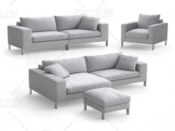 灰白色布艺沙发单人沙发双人沙发L型客厅沙发C4D模型 sofa 3d model