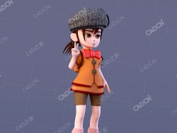 右手比耶的女孩卡通小学生人物角色C4D模型tuff girl