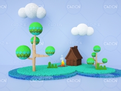 C4D OCTNAE像素卡通树木房子场景模型