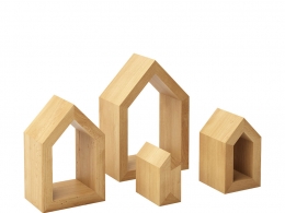 四座小屋木质装饰装饰摆件3D模型素材下载Four Houses Wooden Decoration by Mad Lab