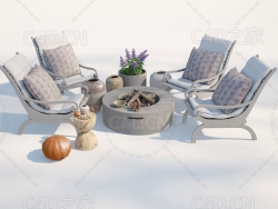 C4D户外休闲椅柴火炉花瓶植物模型