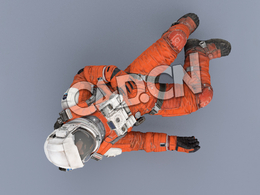 受伤躺地上的桔黄色太空服大胡子男性宇宙飞行员Dead