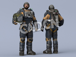 站立右手抱头盔深蓝色太空服大胡子男性太空飞行员Idle Helmet Scifi ArmPit