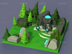 多边形低面卡通树木景观场景C4D模型