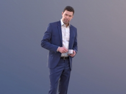 三维扫描写实人物手端咖啡穿西装的国外职场男人