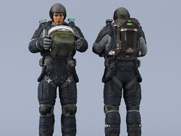 双手抱头盔站立深蓝色宇航服年轻女性太空飞行员idle Helmet Scifi PutOn
