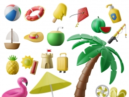 夏日沙滩度假主题3D模型合集下载-含冲浪板救生圈火烈鸟沙堡椰子树等20个模型