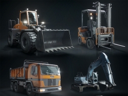 【施工工地必备】5辆超精细施工车辆3D模型合集 建筑工程车重型机械挖掘机起重机叉车卡车模型素材KitBash3D - Construction Vehicles