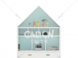 带装饰的屋形架子C4D模型下载 House Shape Shelf with Decorations