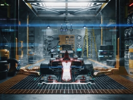 未来科幻风格F1赛车维修站C4D工程文件含车库场景全息投影界面三维模型素材