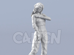 低面多边形卡通人物站着左手摸肩膀的女孩模型