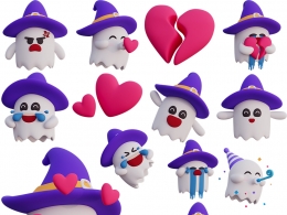 15个可爱卡通幽灵表情包高精度巫师帽白色小幽灵角色三维模型动画场景素材源文件