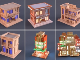 6组写实风格商业街建筑群低面三维模型素材外观设计效果场景制作源文件下载设计资源