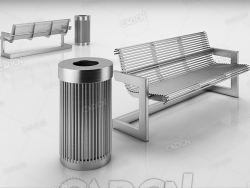 带配套垃圾桶的现代金属长椅C4D模型