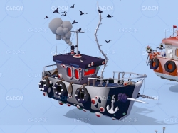 5艘卡通小船渔船C4D模型 ship 3d model