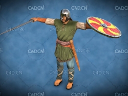 C4D头戴钢盔手拿盾牌宝剑的武士人物模型