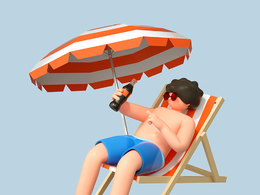 遮阳伞躺椅上喝可乐的短裤男孩夏天夏季人物C4D OCTANE模型下载
