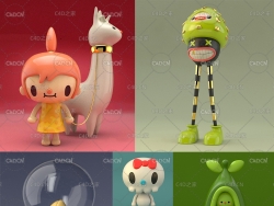 6组卡通角色形象模型 大嘴长腿人,骷髅KITTY,小豆人,豌豆荚,小怪兽,小鹿,宇航花生米