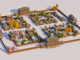 中国风古代四合院塔楼亭台楼阁3D场景C4D模型