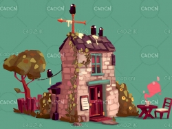 低面卡通油画风格两层小屋场景C4D模型 Oil painting style two-story co