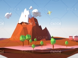 C4D OCTANE低面多边形悬浮的雪山景观模型