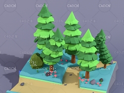 低多边形森林树场景C4D模型low poly forest trees scene