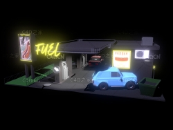 C4D夜间低面多边形卡通加油站模型