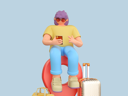 带旅行箱坐在地图坐标上的旅游女性人物C4D OCTANE模型下载
