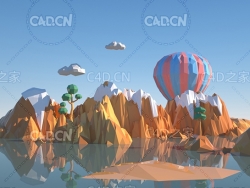 C4D OCTANE低面多边形海上孤岛场景模型