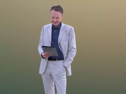 三维扫描写实人物单手拿文件查看的国外西装大叔