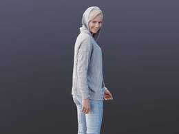 三维扫描写实人物穿连帽衫的金发女郎回头看