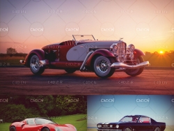 4辆高精度汽车模型：经典老爷车 福特野马 法拉利马拉内罗超跑 阿尔法罗密欧超跑